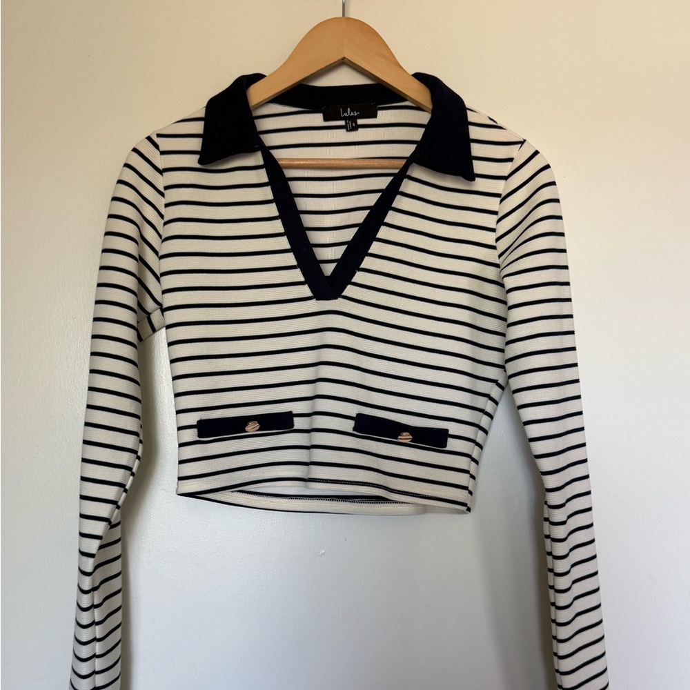COORD SET: Lulu's Navy & White Striped V‑Neck Polo Crop Top + Matching Skirt